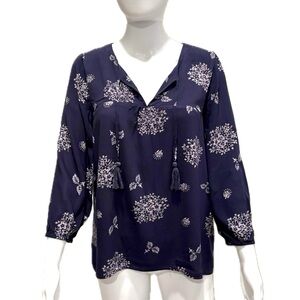 Skies are Blue Floral Peasant Top Size M Drawstring Tassel Tie Neck 3/4 Sleeve